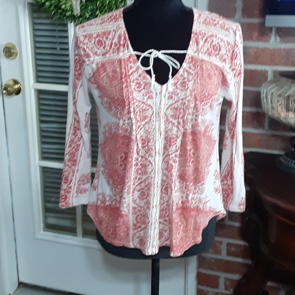 Lucky Brand red gold cream print 3/4 slv top small